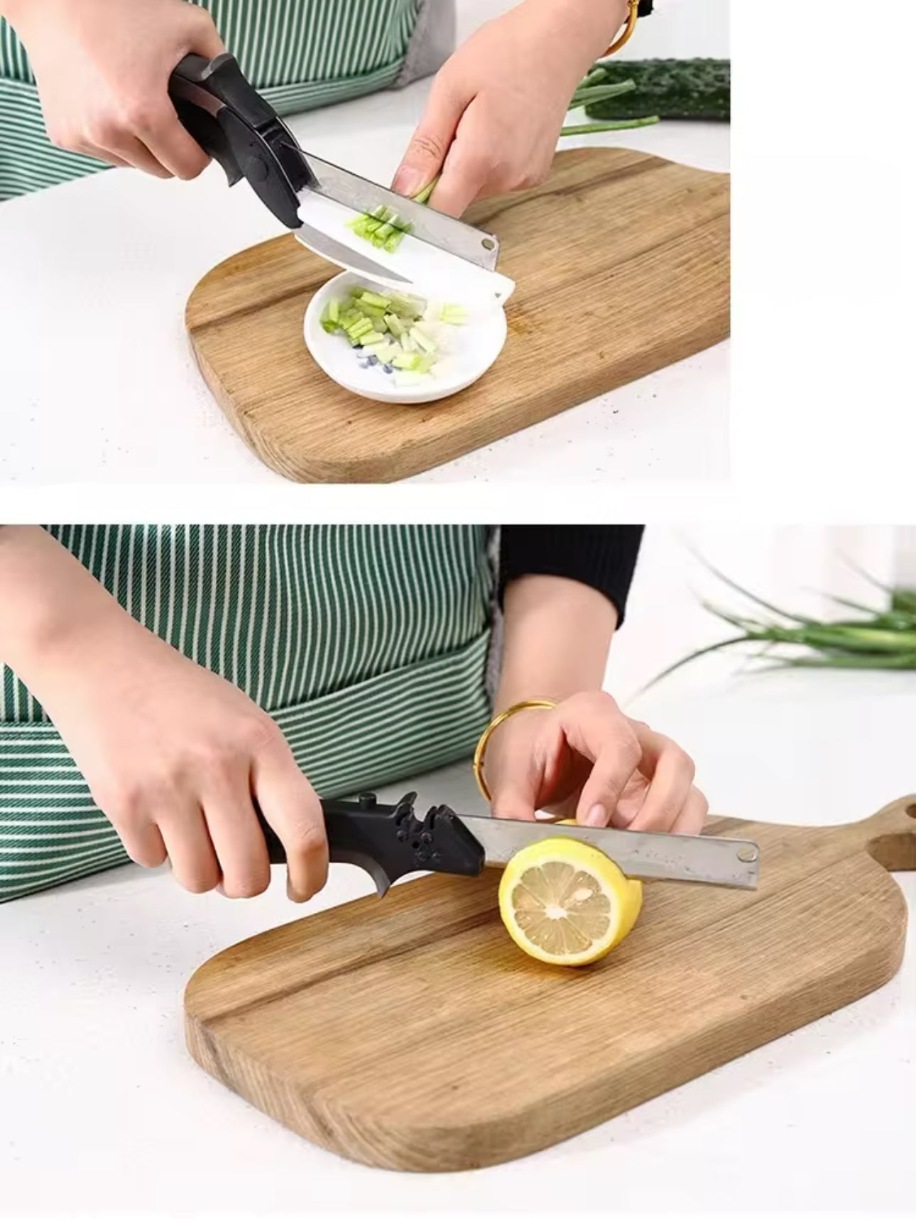 2-in-1 Clever Cutter, Edelstahl Gemüseschneider und Küchenmesser mit mini Schneidebrett für Salate/Gemüse/Fleisch/Kartoffeln und Brot