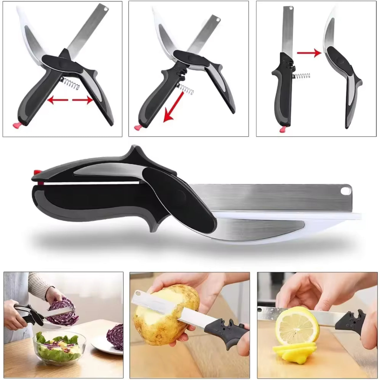 2-in-1 Clever Cutter, Edelstahl Gemüseschneider und Küchenmesser mit mini Schneidebrett für Salate/Gemüse/Fleisch/Kartoffeln und Brot